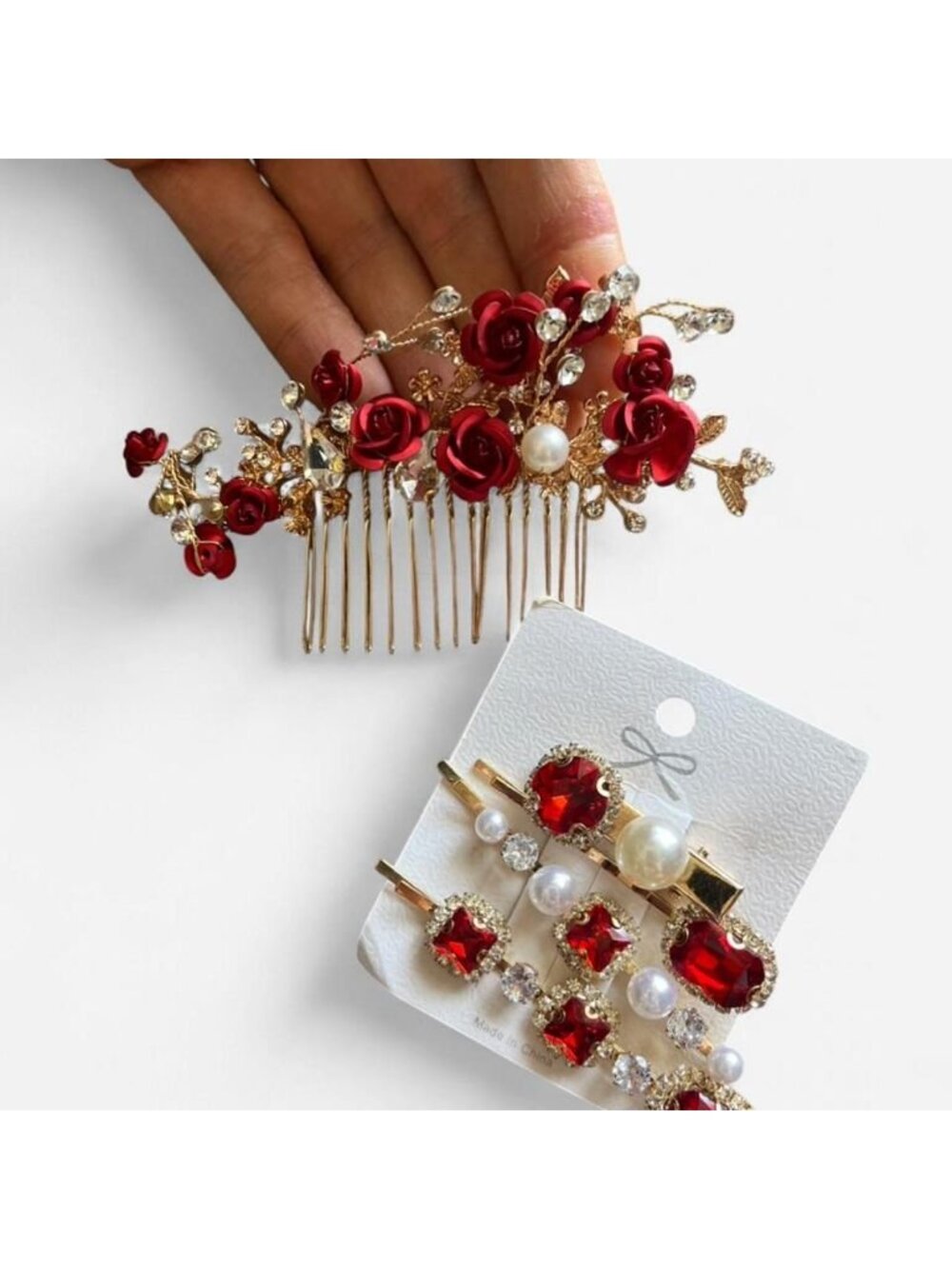 Red Flower Small Crop Top w/Red Belt Hair Accessories Pearls Roses Victorian Set - Picture 2 of 8